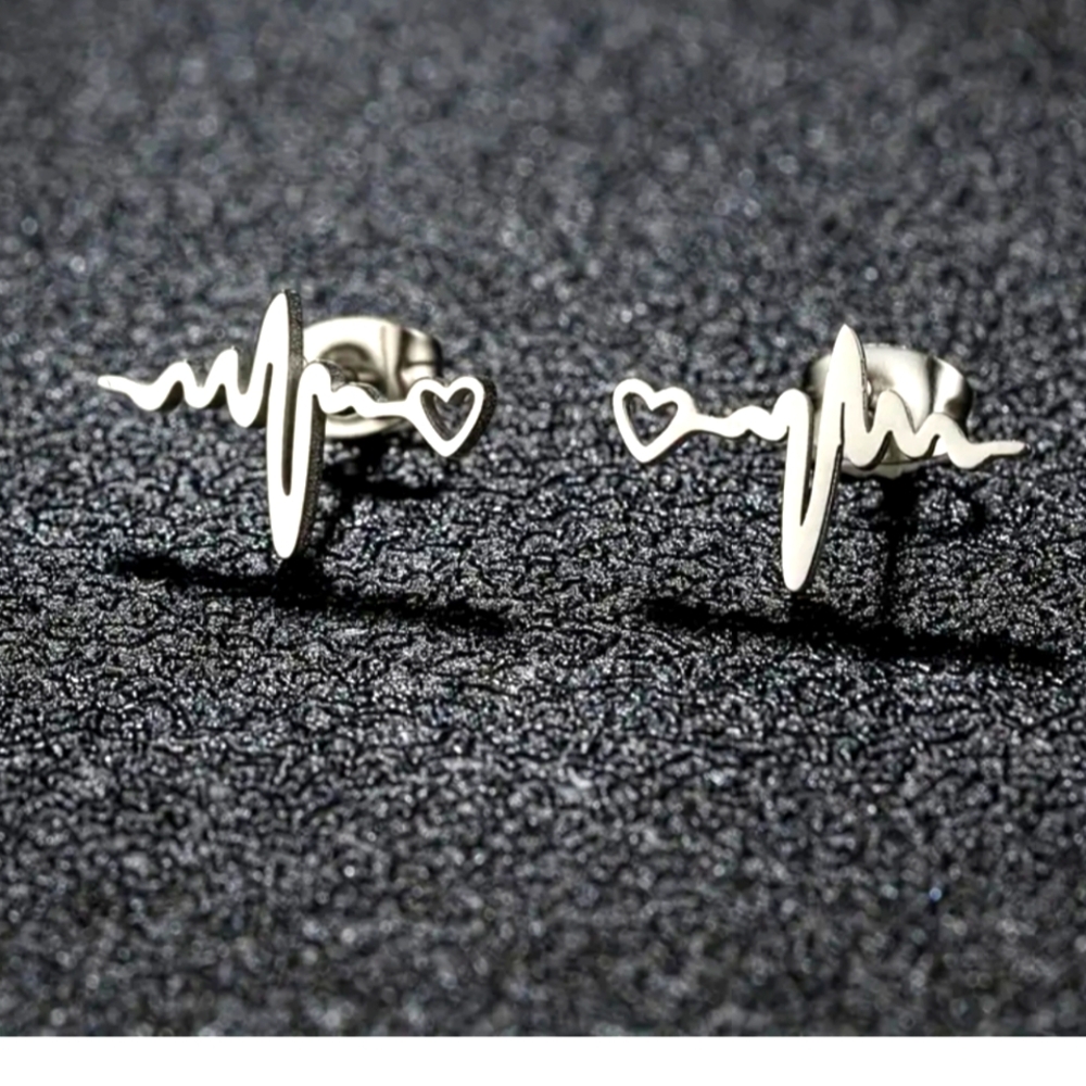 STAINLESS Stud Steel Heartbeat Earrings